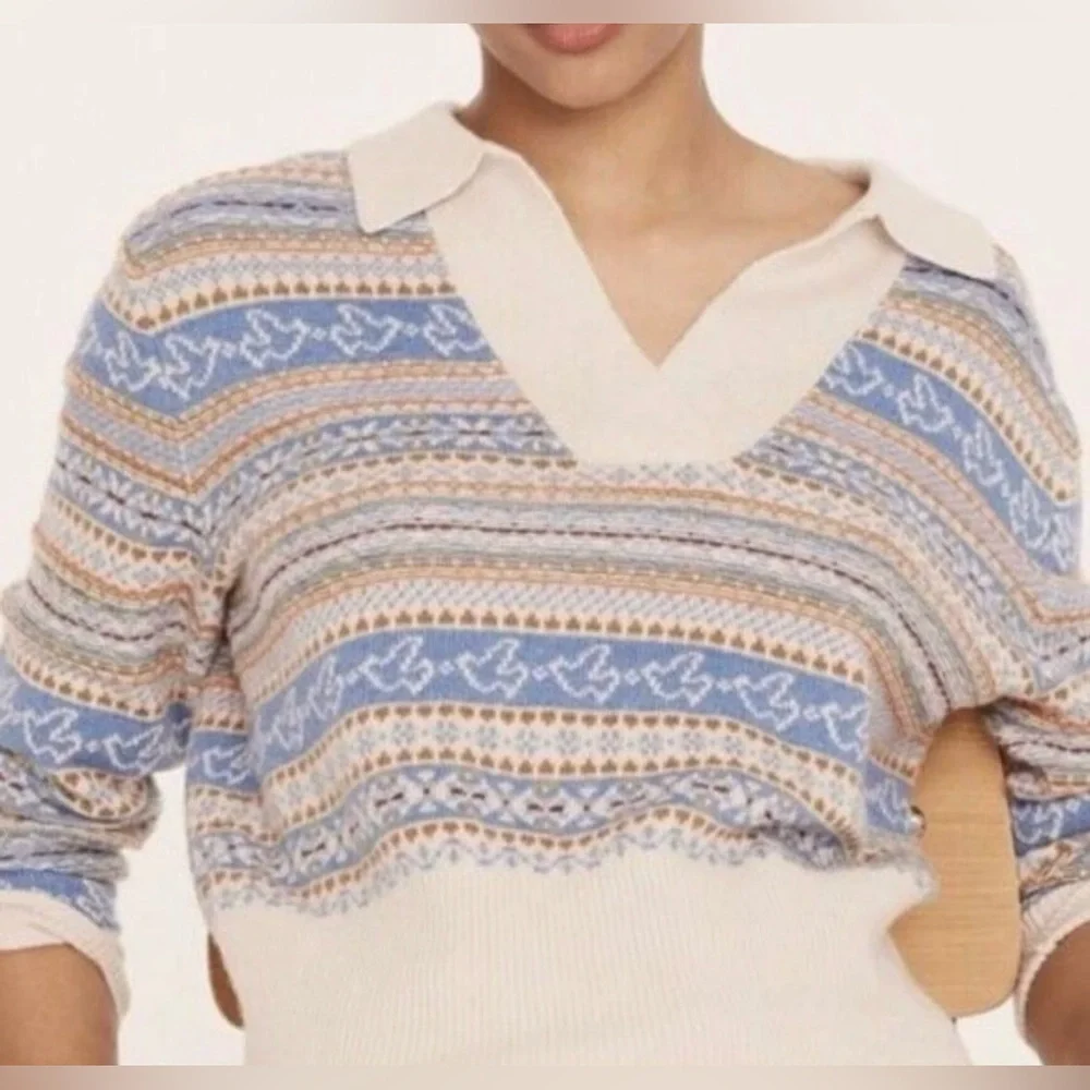 Women’s J.Crew Fair Isle Lambswool Blend Print Beige Collared Preppy Sweater‎ L.